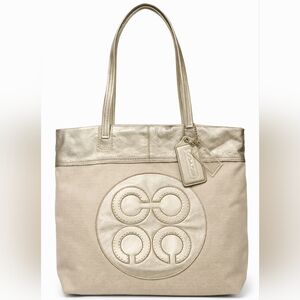 Coach Julia Perry Op Art Tote Ivory Shimmer Canvas Metallic Leather Bag EUC Rare